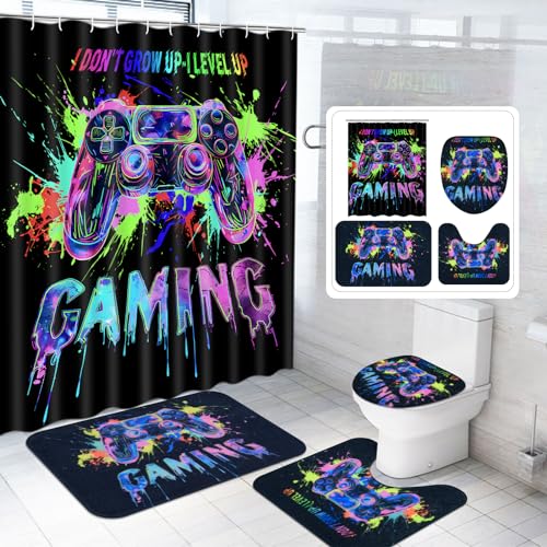 Likiyol 4 Pcs Blacklight Shower Curtain Sets for Adults Boys with Gamepad Trippy UV Reactive Bathroom Decor
| Likiyol G