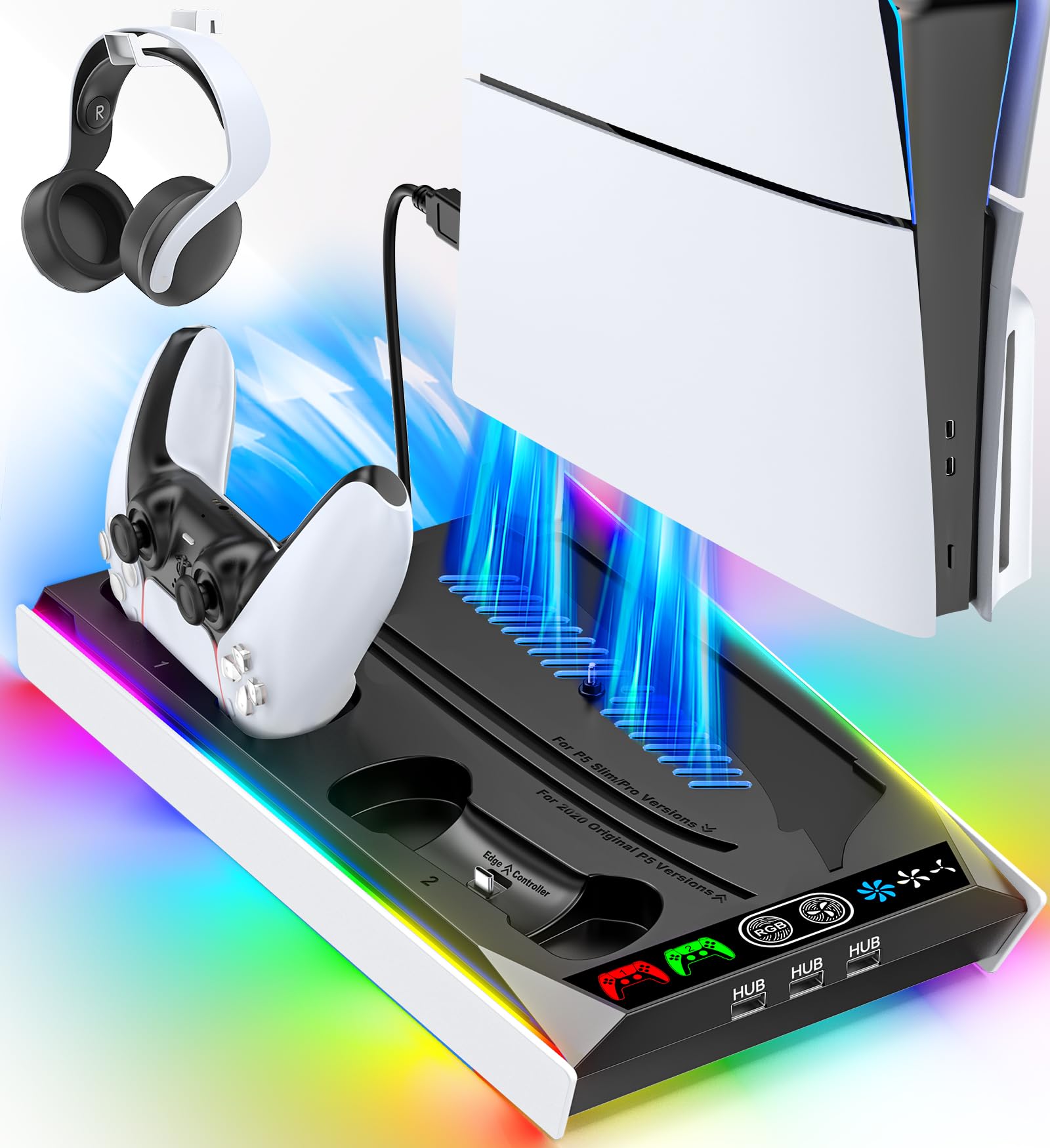 PS5 Slim Pro Stand for Disc & Digital Console
| PS5 Cooling & Charging Station with RGB Ambient Lighting
| PS5 Controll