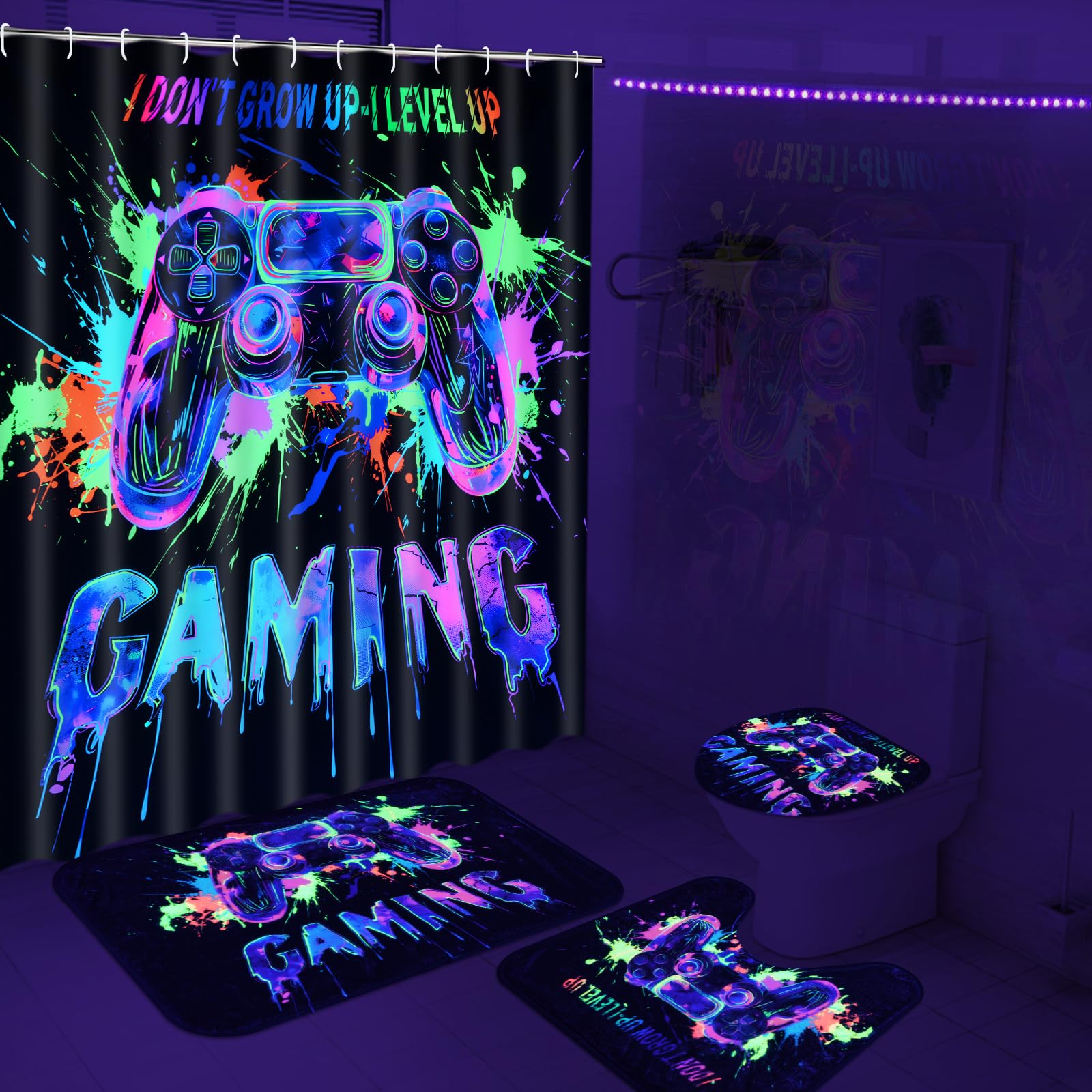 Likiyol 4 Pcs Blacklight Shower Curtain Sets for Adults Boys with Gamepad Trippy UV Reactive Bathroom Decor
| Likiyol G
